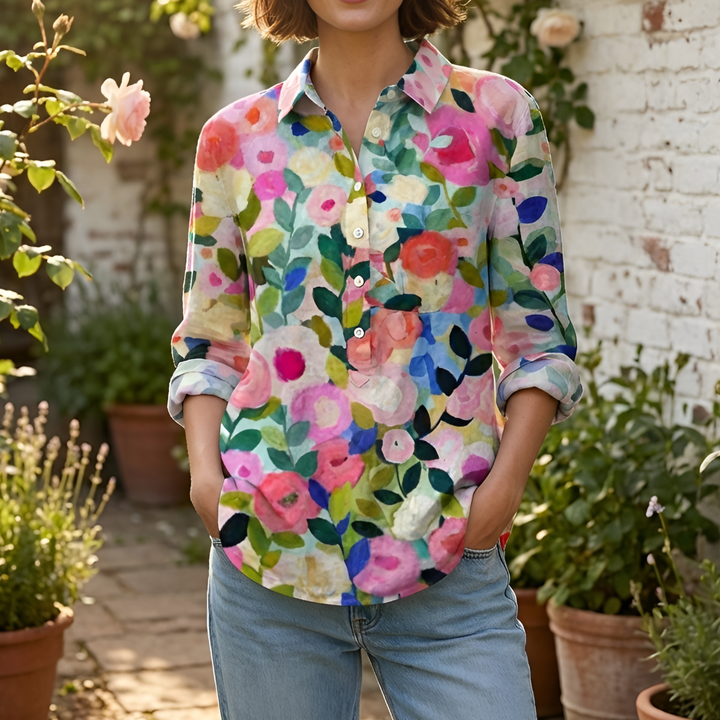 Blus med lång ärm och blommig knappframsida