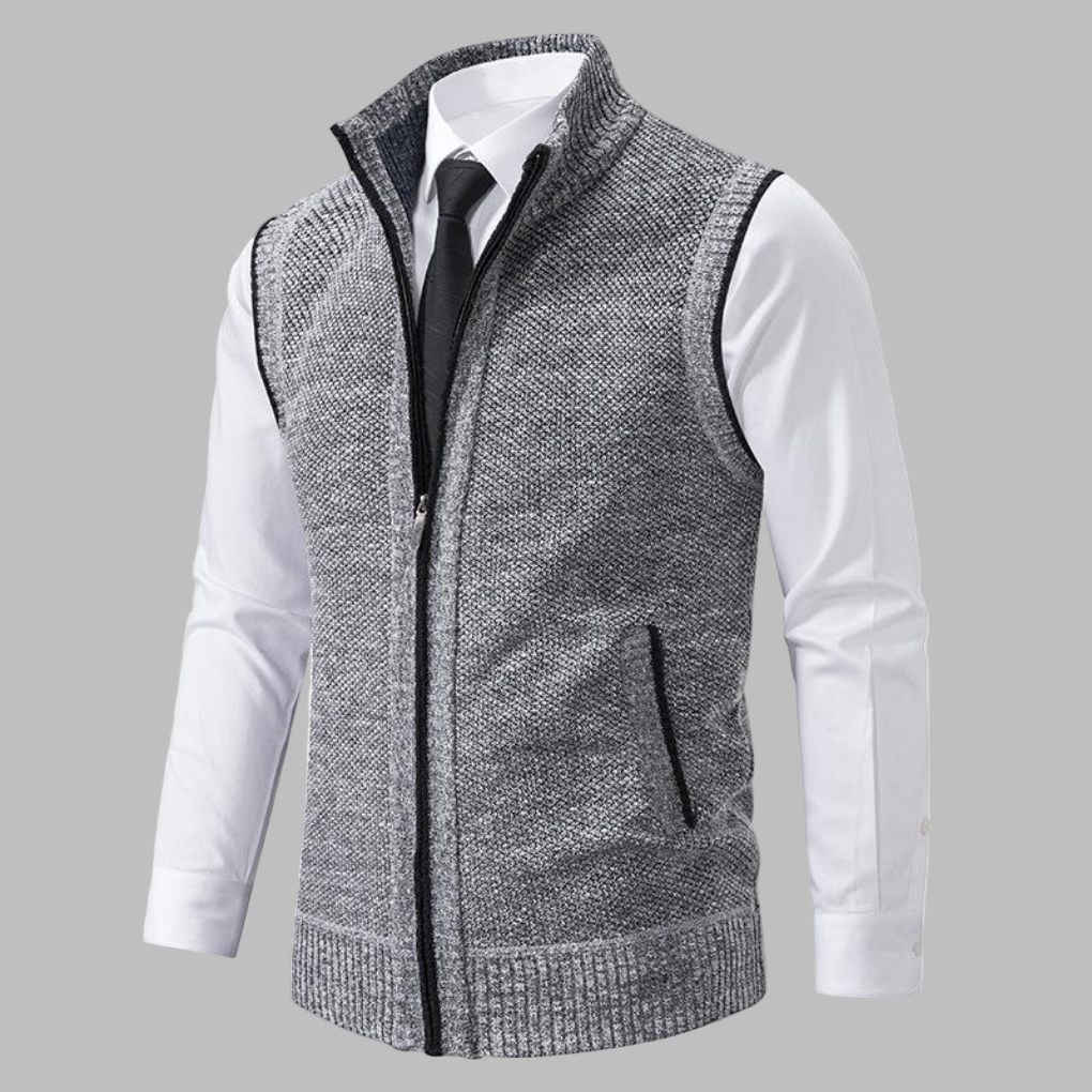 Mans Klassiska Stickade Zip-Up Väst