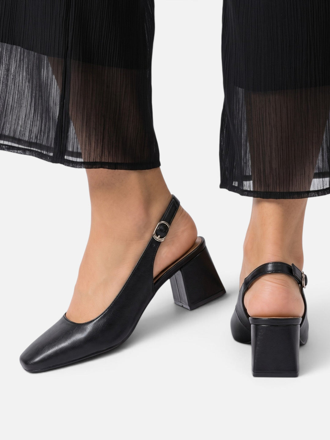 Slingback-pumps i läder med fyrkantig tå och blockklack för dam
