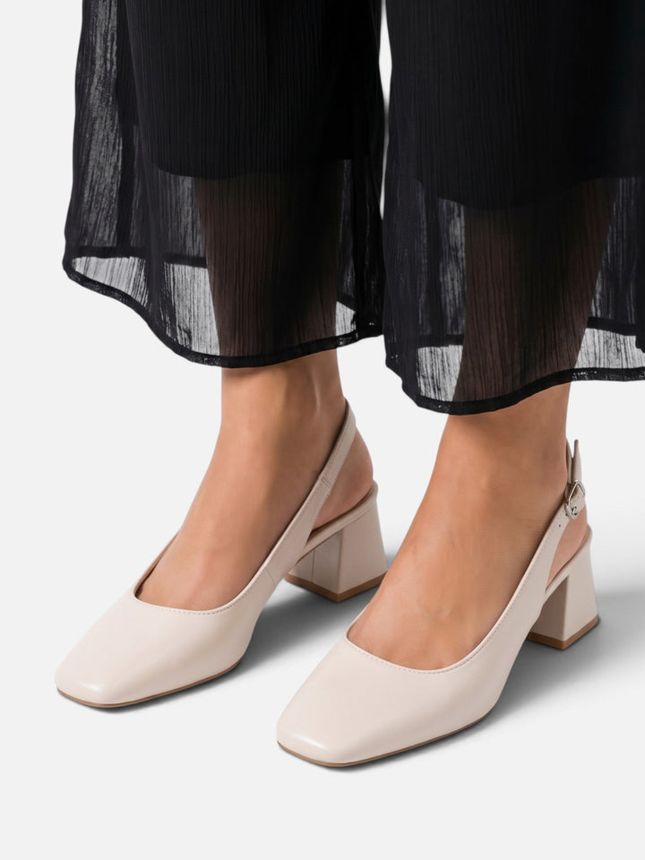 Slingback-pumps i läder med fyrkantig tå och blockklack för dam
