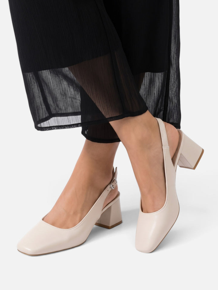 Slingback-pumps i läder med fyrkantig tå och blockklack för dam