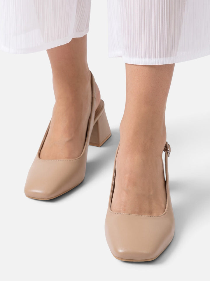 Slingback-pumps i läder med fyrkantig tå och blockklack för dam