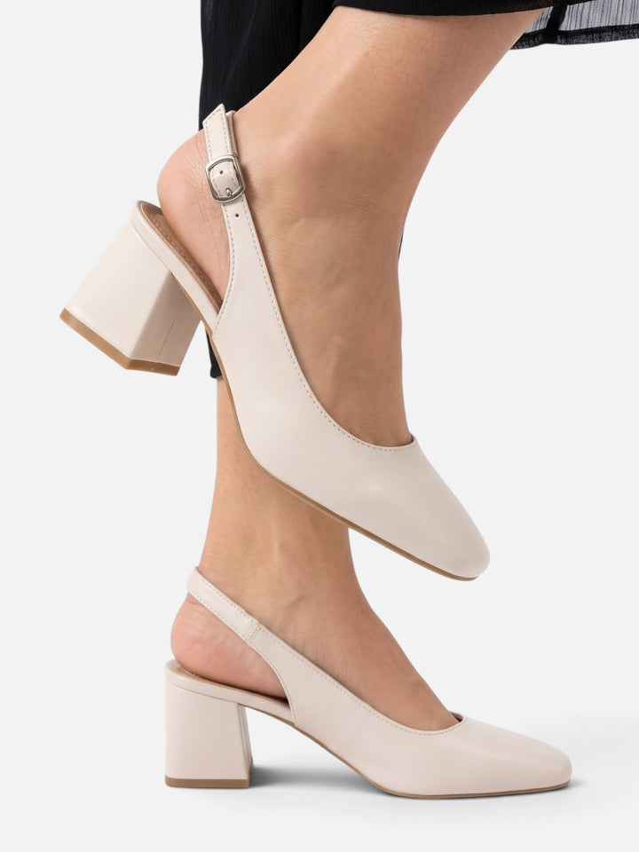 Slingback-pumps i läder med fyrkantig tå och blockklack för dam