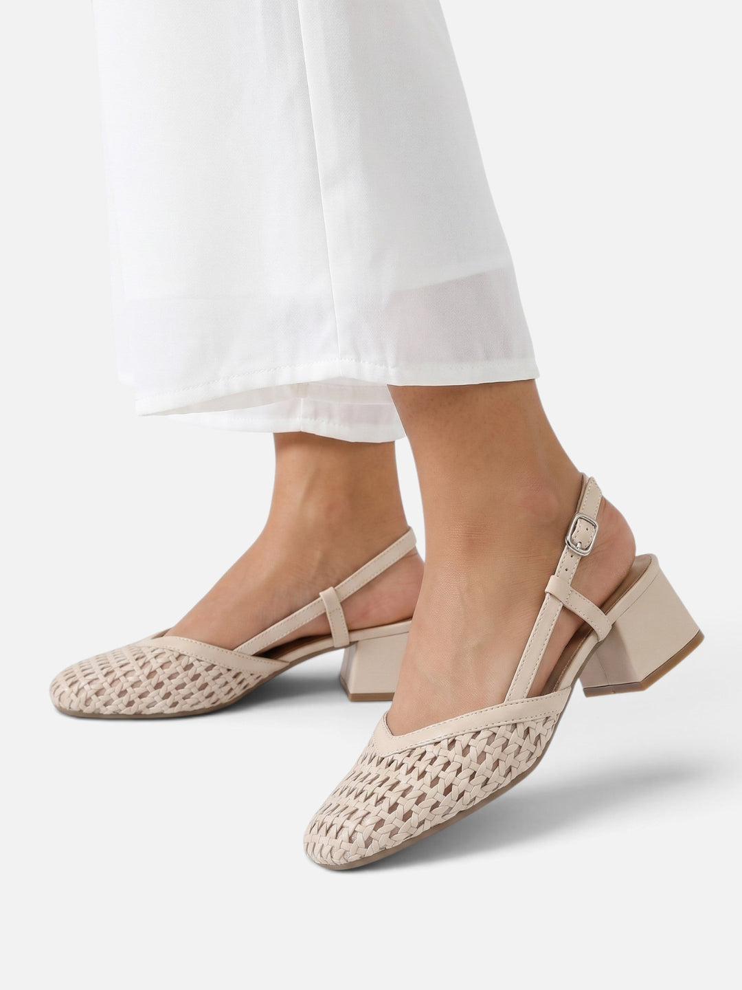 Flätade slingback-pumps med blockklack för dam