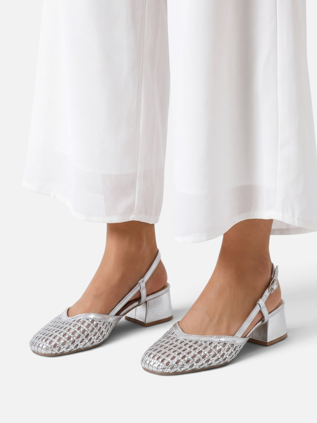 Flätade slingback-pumps med blockklack för dam