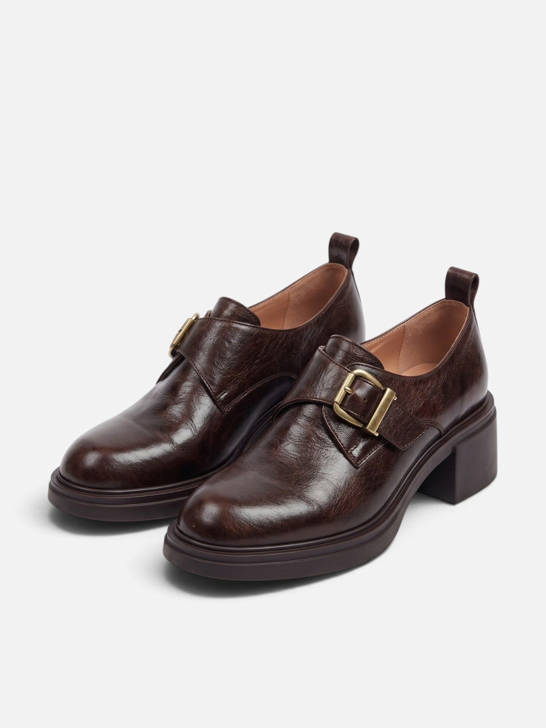 Loafers i läder med spänne och blockklack för dam