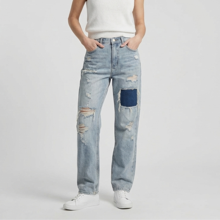 Vintage Tvätt Vidbenade Rivna Jeans